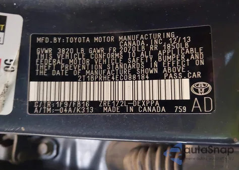 2014 Toyota Corolla Le Eco Plus из США, поврежденный, VIN 2T1BPRHE4EC088184